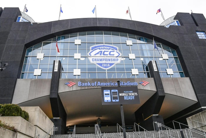 An ACC Championship logo on the side of Bank of America Stadium in Charlotte, North Carolina Friday, December 6, 2019. Acc Football Championship Press Conference